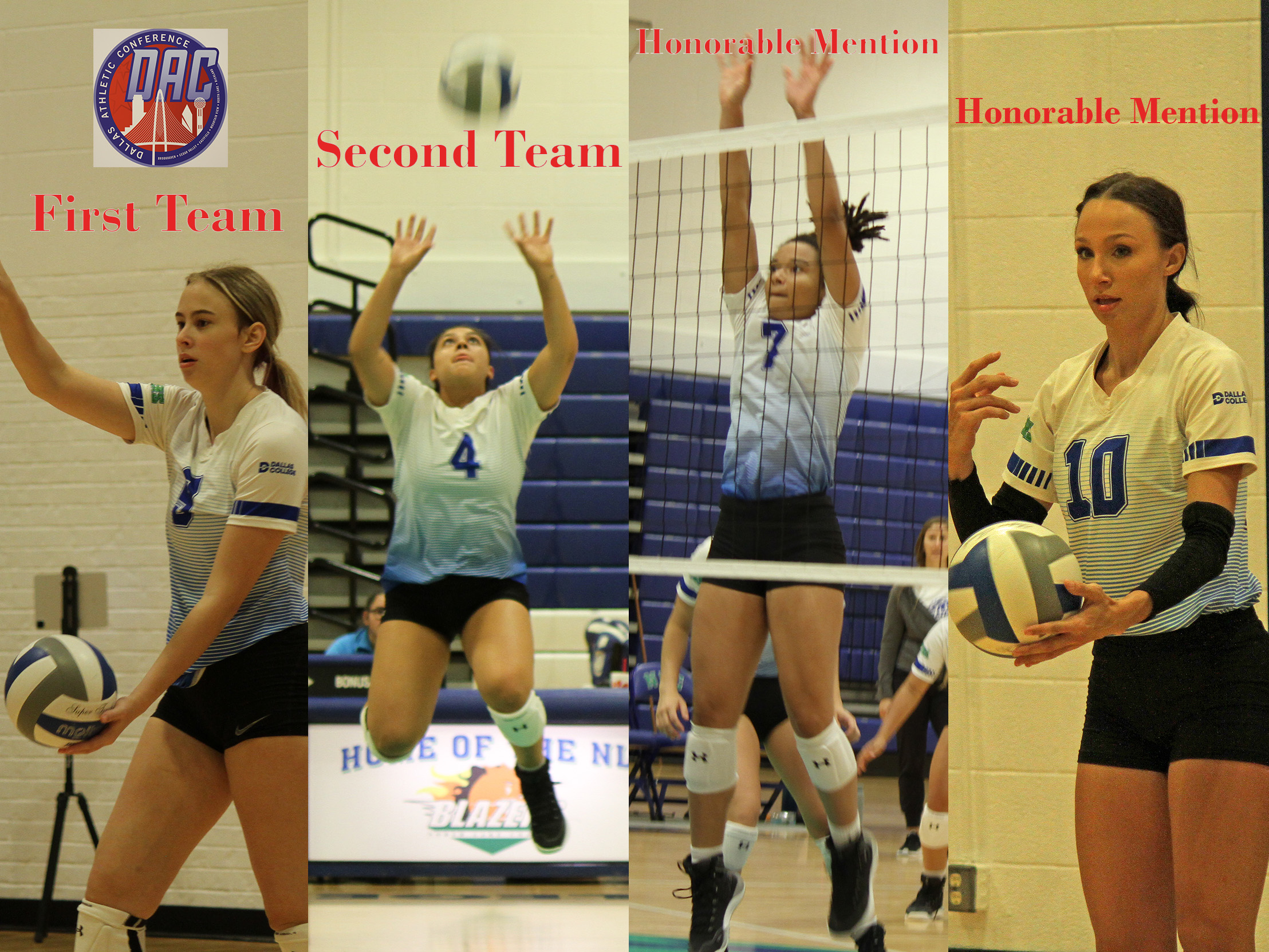 Dallas College North Lake volleyball's Megan O'Neal, Brianna McClure, Love Riley and Hope Miller earned All-Dallas Athletic Conference honors. 